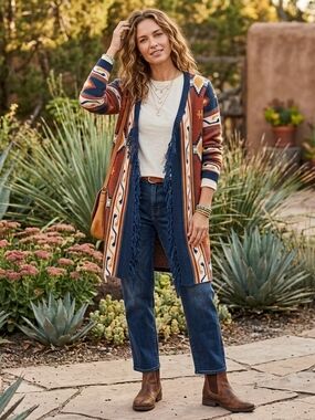 Rods Southwestern Fringe Knit Open Front Cardigan Navy, Rust & Cream